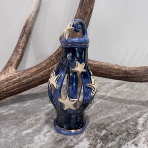 Heather Goldminc Blue Ceramic Star Luminary Candle Holder Gold Trim rare find